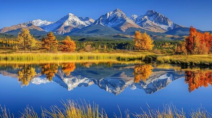 Vibrant high tatra lake  autumn mountains, pine forest, sky reflection   nature hiking adventure - obrazy, fototapety, plakaty