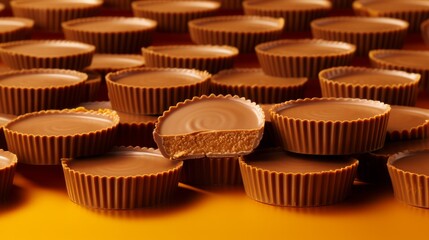 Classic Reese's Peanut Butter Cups on solid background. - obrazy, fototapety, plakaty