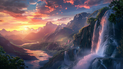 Breathtaking sunset over a serene mountain range with a cascading waterfall. - Powered by Adobe
