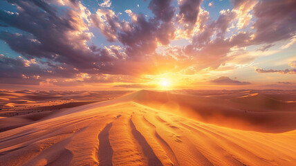 Breathtaking sunset over a vast desert, casting a warm golden glow over the dunes.