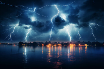 Fototapeta premium Dangerous and violent lightning, lightning storm events.