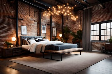 Cozy bedroom with rustic brick walls and a neatly made bed. - Powered by Adobe