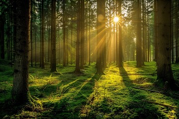 Sunlight Beaming Through the Trees in a Forest Generative AI