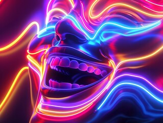 Abstract laughter soundwaves, radiating in neon hues, immersive perspective, sensory exploration  - obrazy, fototapety, plakaty