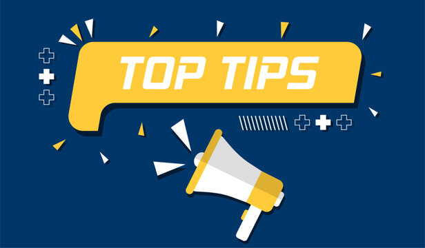 Vector banner. Megaphone with top tips speech bubble. Loudspeaker. Banner for business, marketing. Banner design vector illustration.
