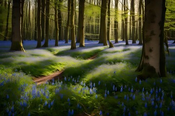 A peaceful walk through a sea of bluebell flowers, A path through a forest with blue flowers