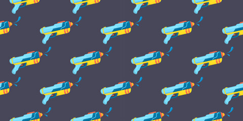 Vector plastic children's toy water gun on blue background seamless pattern. Kids wallpaper print. Textile, fabric, wrapping. Songkran festival banner