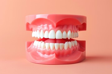 A model of a mouth with a pink base and white teeth