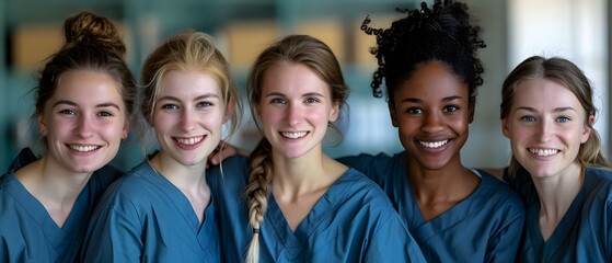 Diverse group of smiling nurses in scrubs showing unity in healthcare. Concept Healthcare Heroes, Unity in Scrubs, Smiling Nurses, Diverse Group, Showing Unity