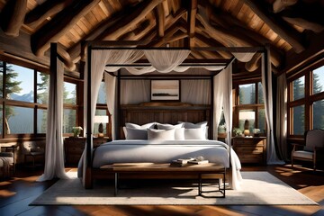 Serene bedroom with elegant wooden canopy bed and natural light pouring in through windows.