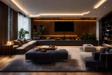 Cozy modern living room with sleek wood paneling and large flat screen TV.