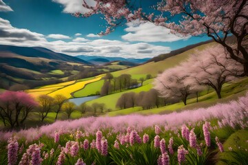 A serene valley painted with blooming pink flowers and lush trees.