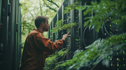 Technician Servicing Servers in Green Data Center
. A focused technician in a green shirt adjusts equipment in a data center surrounded by lush foliage, blending technology with environmental themes.
