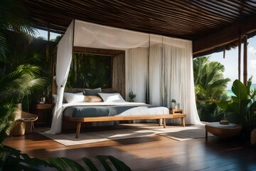 bedroom with a canopy bed overlooking a tropical garden, bed with a canopy over it