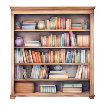 recommend clip art: Bookshelf. Bookshelf clipart. Watercolor illustration. Generative AI. Detailed illustration.