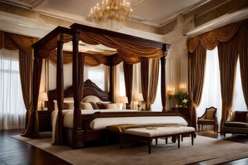 
A bedroom with a canopy bed and a chandelier