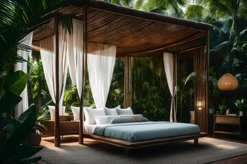 Luxurious canopy bed surrounded by lush greenery, A bed with white curtains and a canopy over it
