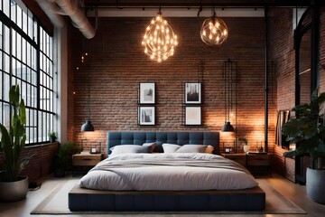Cozy bedroom with exposed brick wall and a comfortable bed.