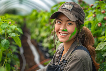 A joyful woman with a cap smiles brightly in a lush greenhouse setting, her cheek marked with green paint - obrazy, fototapety, plakaty