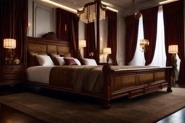 Stylish interior with four poster bed and chandelier, A large bed with a chandelier