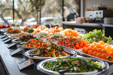An abundance of fresh, vibrant food displayed on elegant serving dishes in what appears to be a high-end buffet setting, indicative of celebration or event - obrazy, fototapety, plakaty