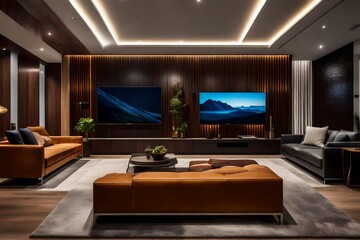 Modern living room featuring sleek brown leather furniture and a wall-mounted TV.