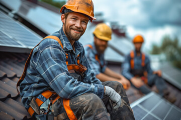 A solar panel technician smiles while installing renewable energy systems on a rooftop - obrazy, fototapety, plakaty