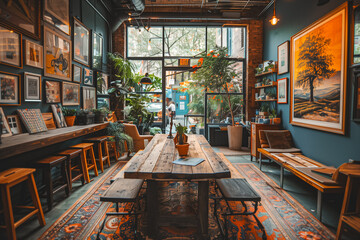Warm and inviting coffee shop with eclectic decor, plants, and spacious seating areas - obrazy, fototapety, plakaty