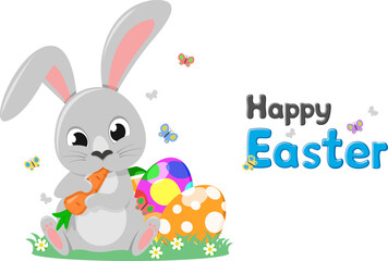 Easter bunny sits with colorful eggs and eats a carrot close-up on a white background. Easter character - 777145790