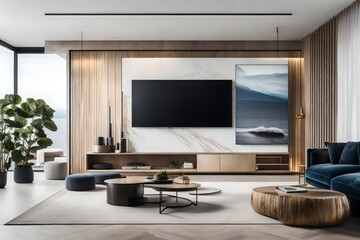 Sleek, modern living room with large TV screen,