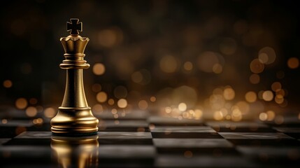 Golden king chess piece on board symbolizing business success and leadership concept