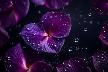 Stately purple flowers shimmering with dew against a black background.