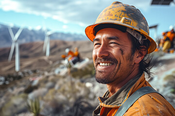 A cheerful worker with a hardhat and reflective vest smiles with wind turbines in the background - obrazy, fototapety, plakaty