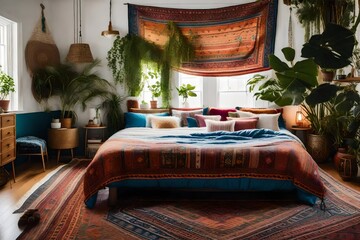 A cozy bohemian sanctuary filled with lush green plants and a comforting bed.