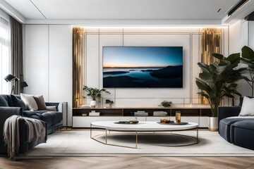 Modern living room with large TV mounted on wall