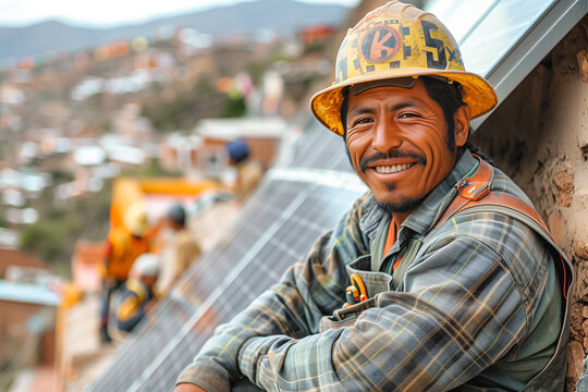 A happy worker with a hardhat and a friendly smile poses at a rooftop solar panel installation