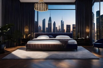 Cozy bedroom overlooking urban cityscape, A bedroom with a large window and a large bed