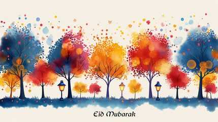 Greeting card with autumn trees and lanterns. Colorful vector illustration, Eid Mubarak decoration, generative ai