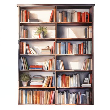 Bookshelf. Bookshelf clipart. Watercolor illustration. Generative AI. Detailed illustration.