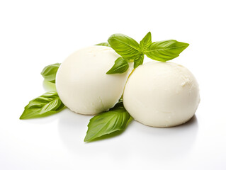 Realistic photo of mozzarella cheese with basil leaf and pesto isolated on white background сreated with Generative Ai - obrazy, fototapety, plakaty