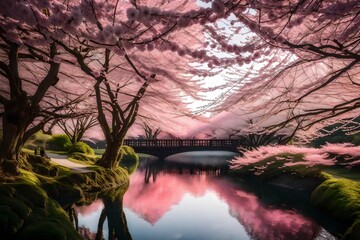 Beautiful cherry blossoms by the water, A bridge over a river with pink flowers