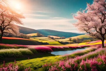 Blossoming pink beauty under the sky, A landscape with a river and trees and flowers
