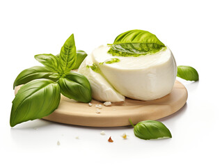 Realistic photo of mozzarella cheese with basil leaf and pesto isolated on white background сreated with Generative Ai