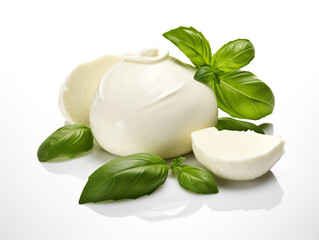 Obraz na płótnie Canvas Realistic photo of mozzarella cheese with basil leaf and pesto isolated on white background сreated with Generative Ai