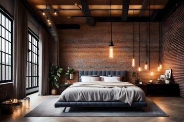 Cozy bedroom with exposed brick wall and a comfortable bed, 