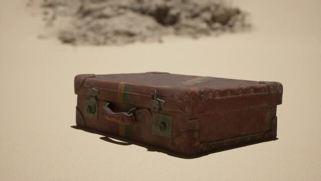 An abandoned suitcase resting on the sandy desert terrain