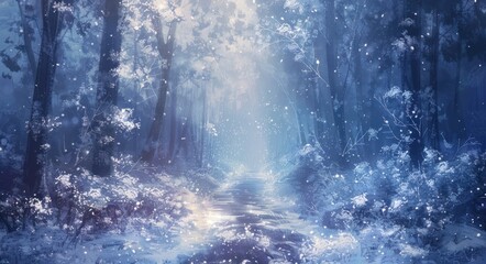 Enchanted Winter Forest Pathway Illuminated by a Twilight Glow Generative AI.