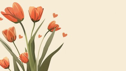 Vibrant Red Tulips and Hearts: A Modern Love Bouquet Illustration Generative AI.