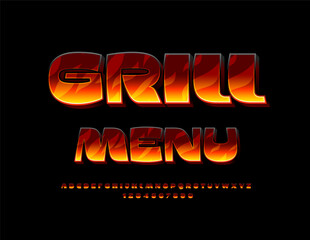 Vector trendy advertisement Grill Menu. Flaming 3D Font. Exclusive Alphabet Letters and Numbers set with Fire pattern.