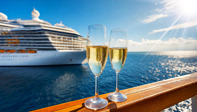 Extreme closeup of two champagne flutes glasses on a wooden railing of a cruise ship, on background a beautiful blue seascape with a white large cruise ship, blue clear sky and sunbeams. Generative Ai